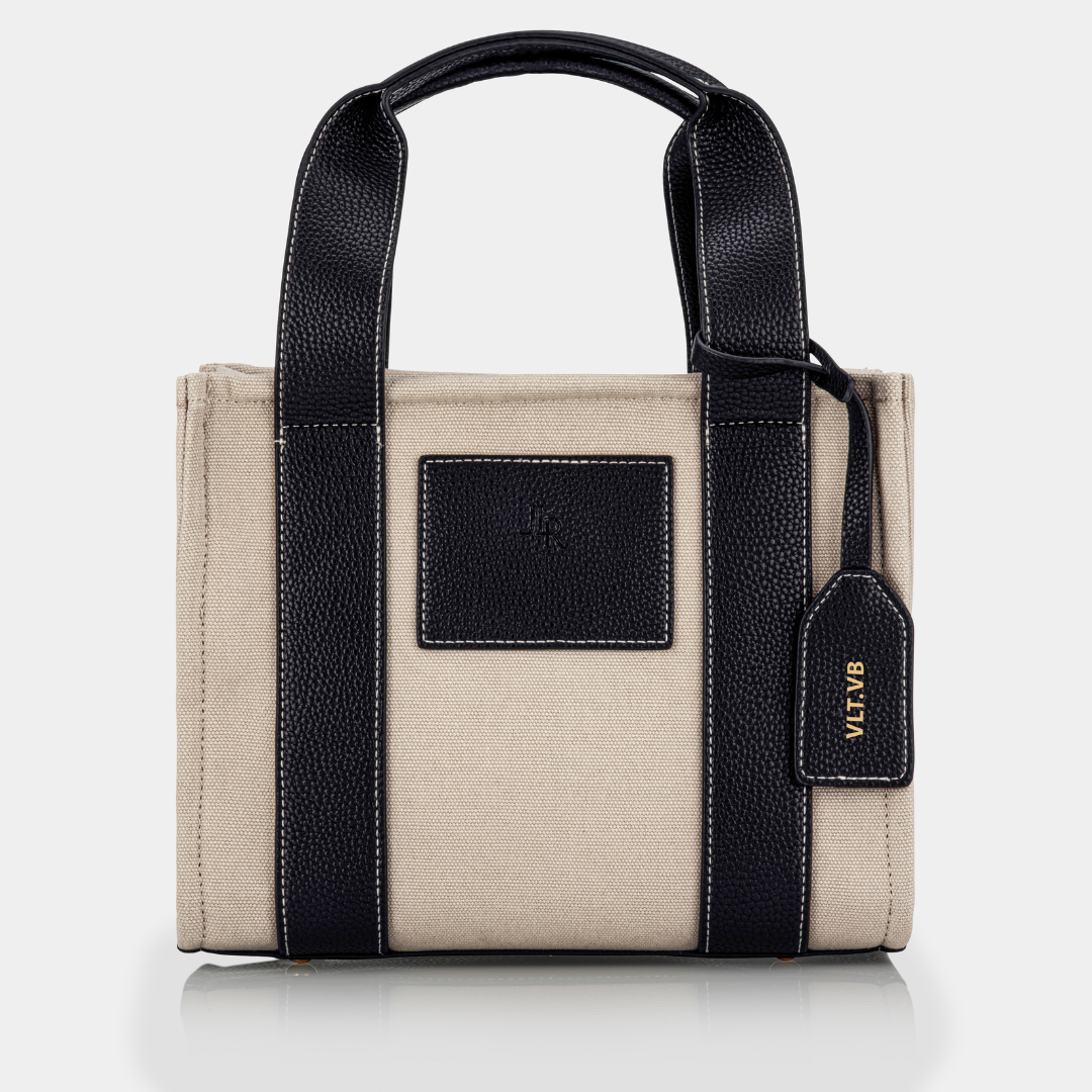 Porto Midi Black luxe vegan leather and canvas tote bag