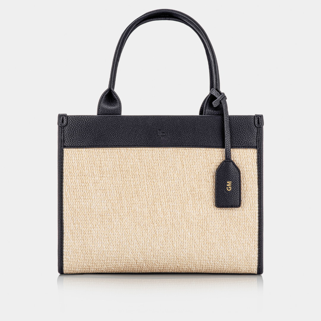 Capri Midi Black Luxe vegan leather and raffia tote bag