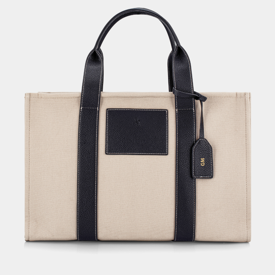 Porto Maxi Black luxe vegan leather and canvas tote bag