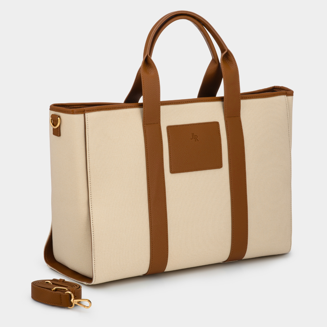 Santorini Maxi Tan luxe vegan leather and canvas oversized tote bag