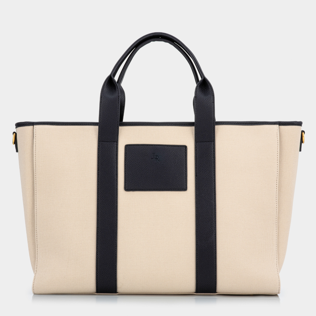 Santorini Maxi Black luxe vegan leather and canvas oversized tote bag