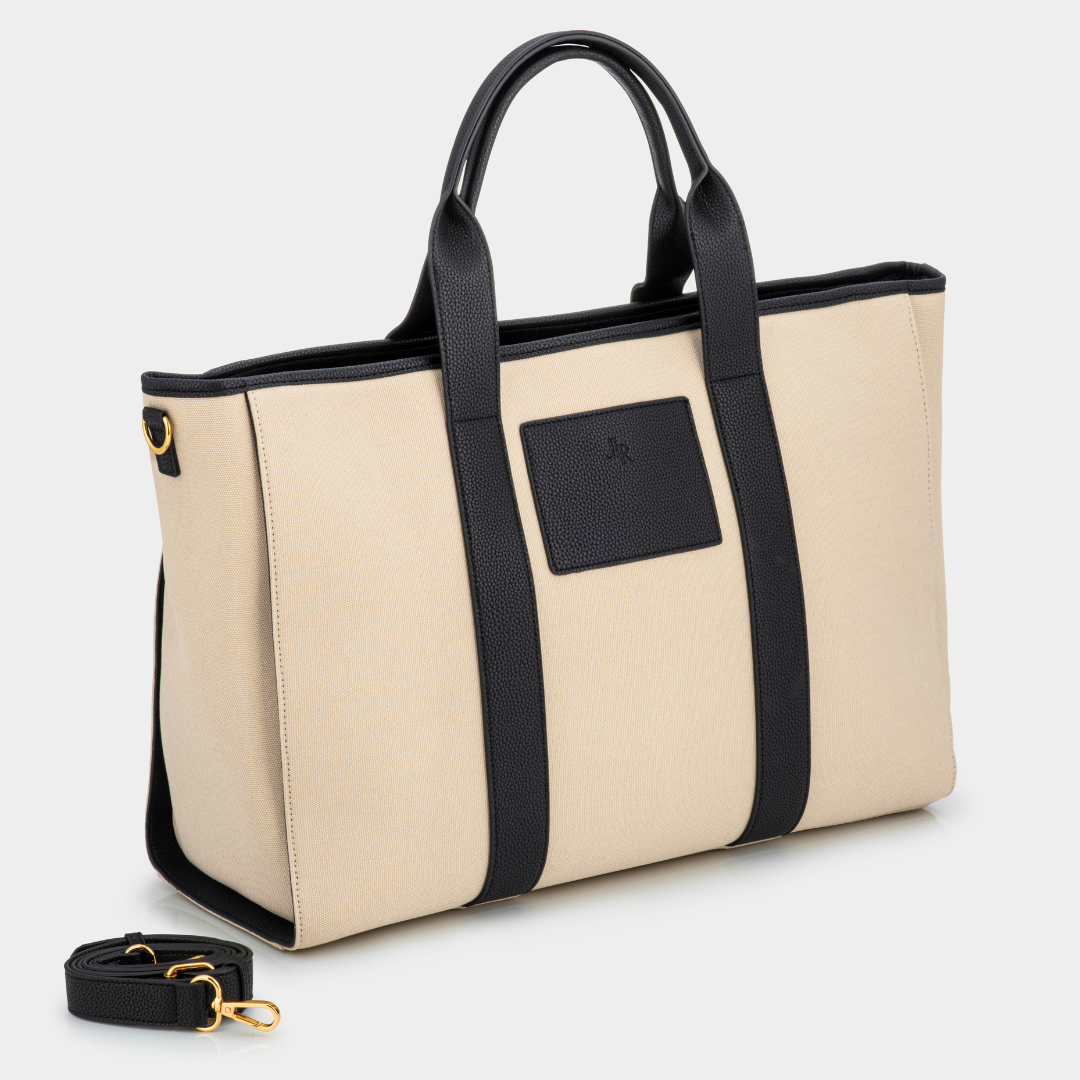 Santorini Maxi Black luxe vegan leather and canvas oversized tote bag