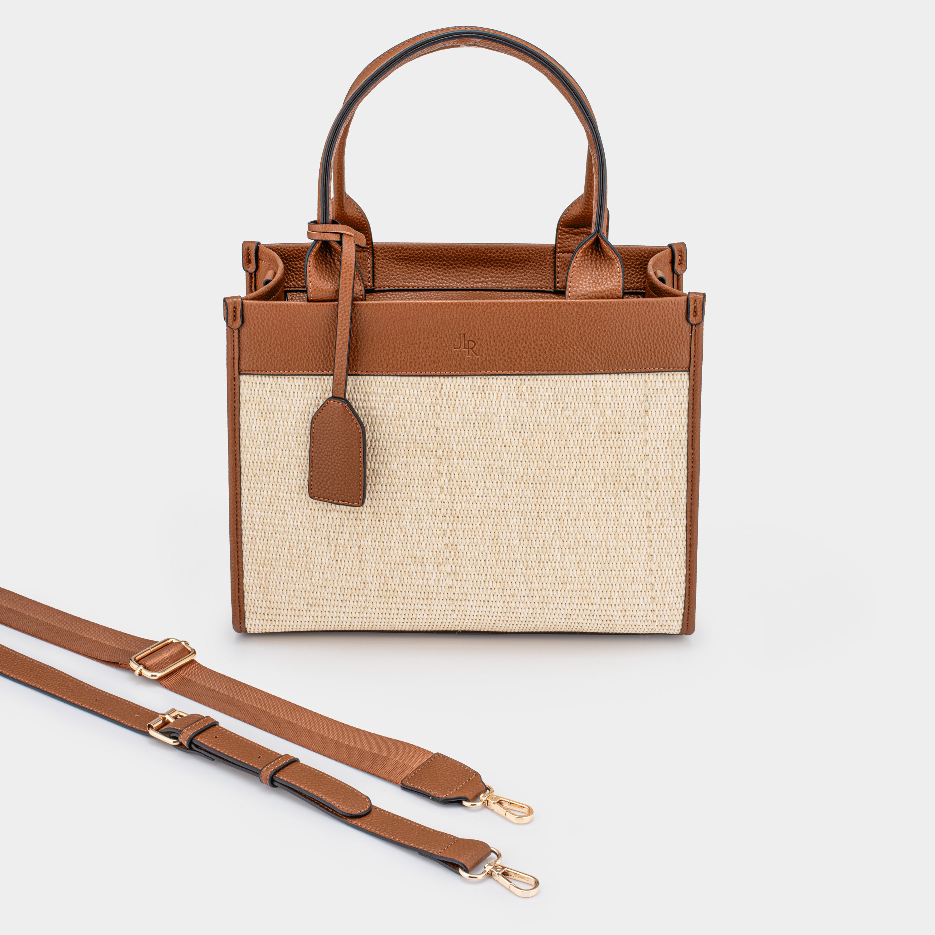 Capri Midi Tan luxe vegan leather and raffia tote bag