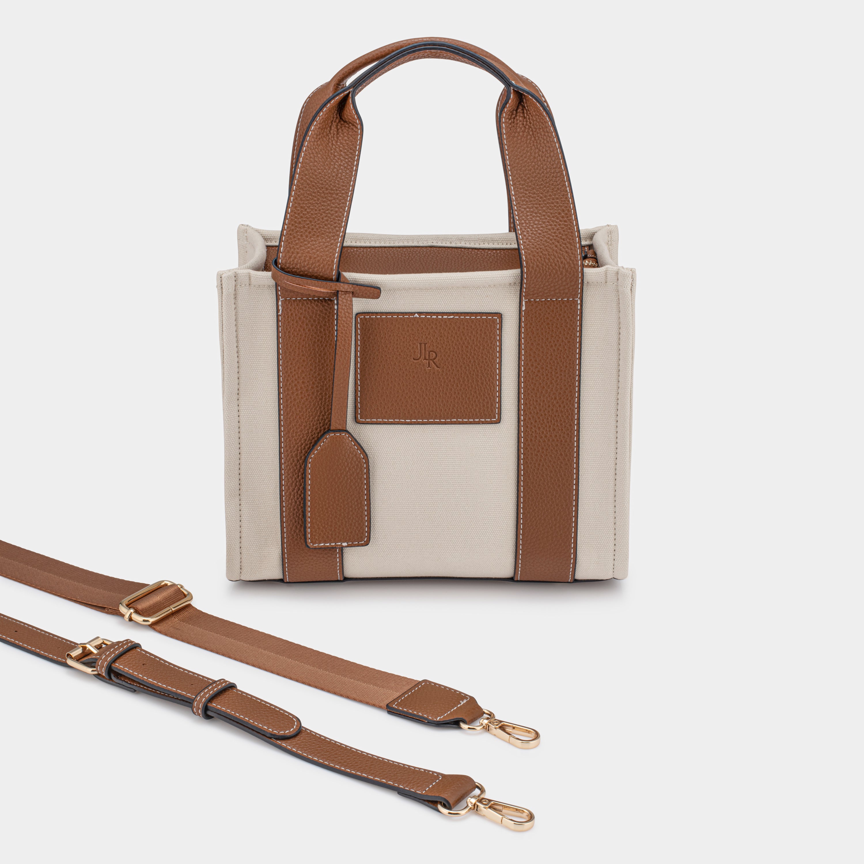 Porto Midi Tan luxe vegan leather and canvas tote bag