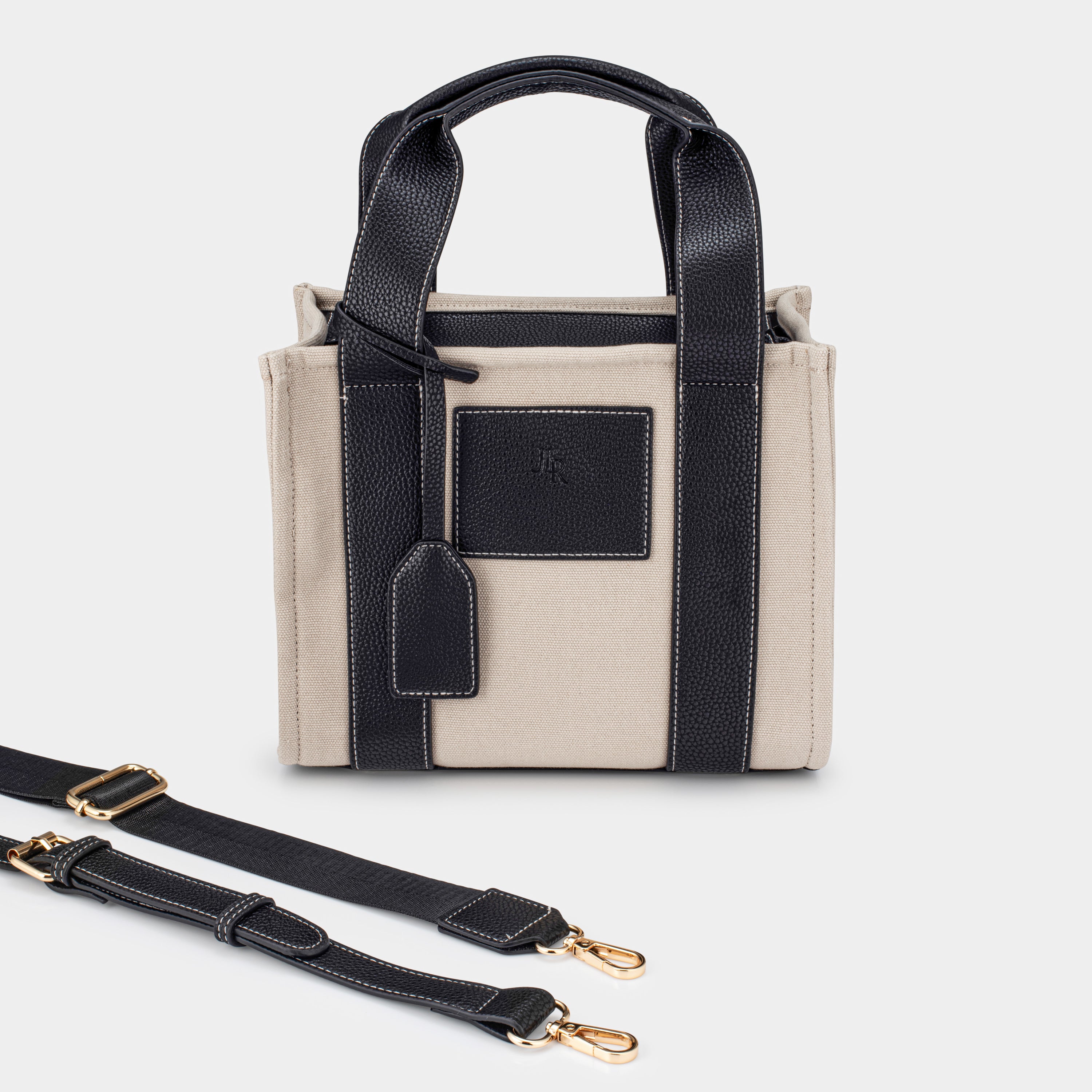 Porto Midi Black luxe vegan leather and canvas tote bag