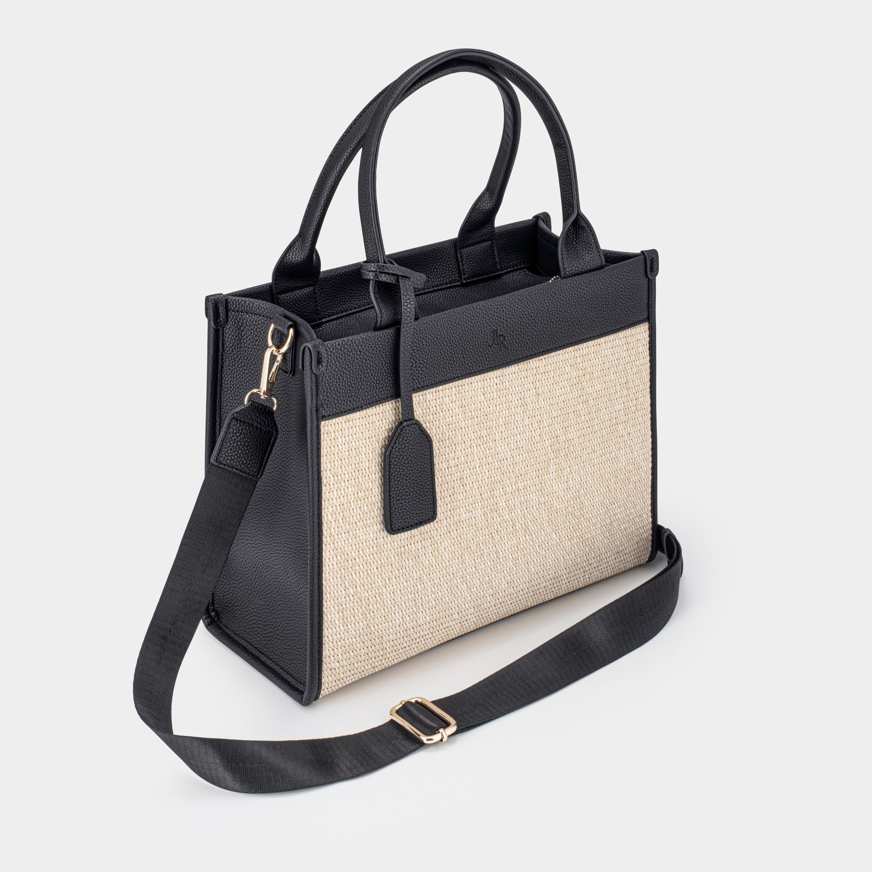 Capri Midi Black Luxe vegan leather and raffia tote bag