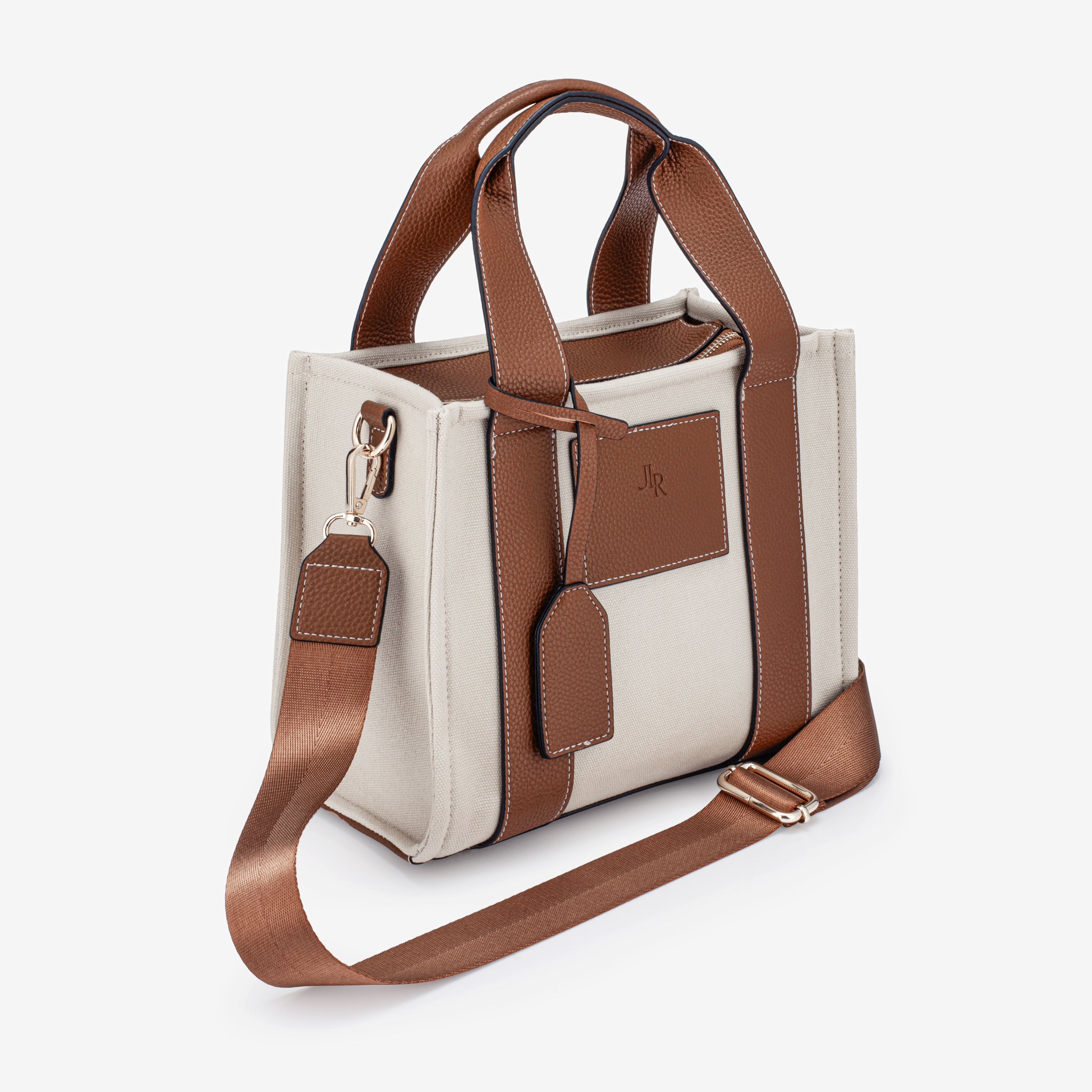 Porto Midi Tan luxe vegan leather and canvas tote bag