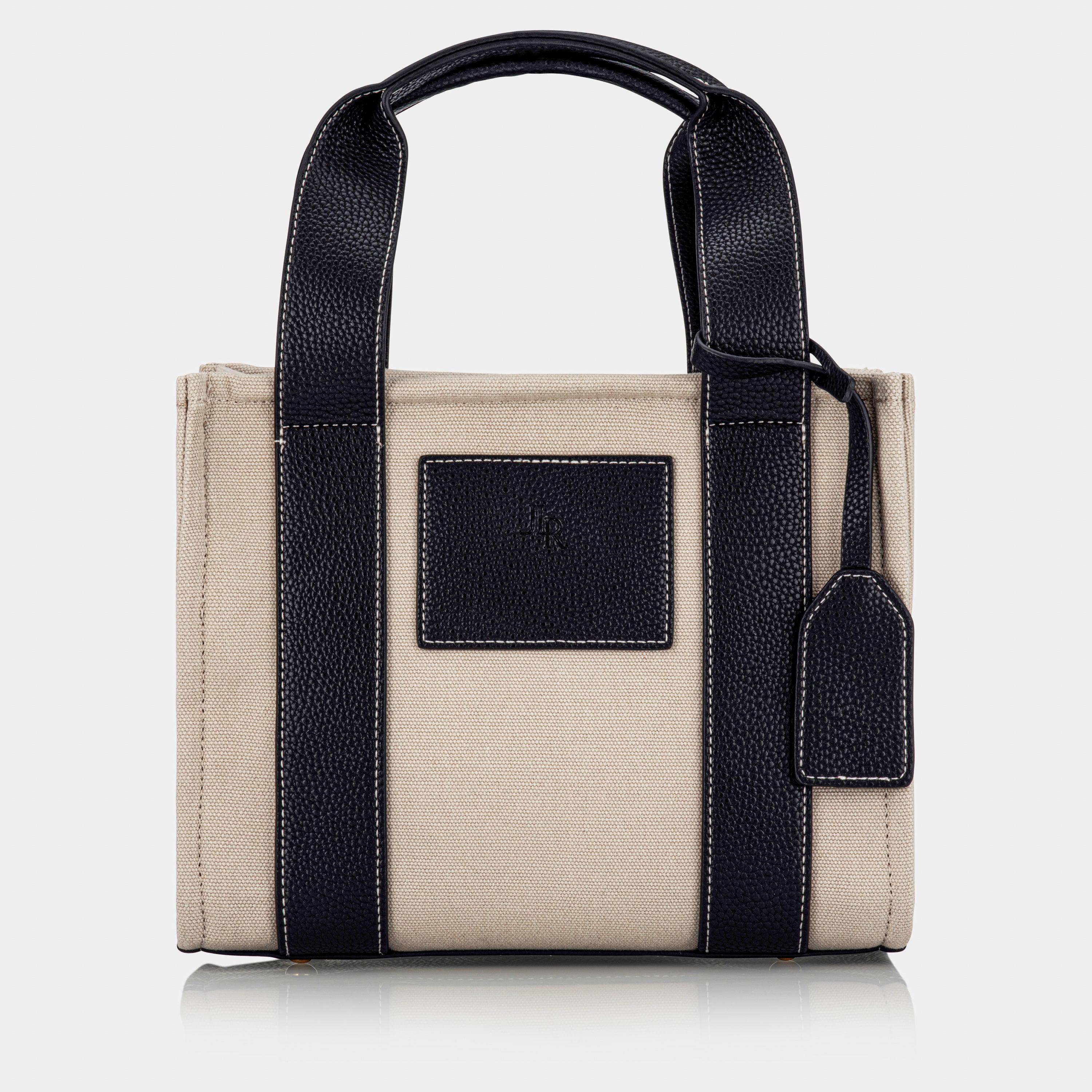 Porto Midi Black luxe vegan leather and canvas tote bag