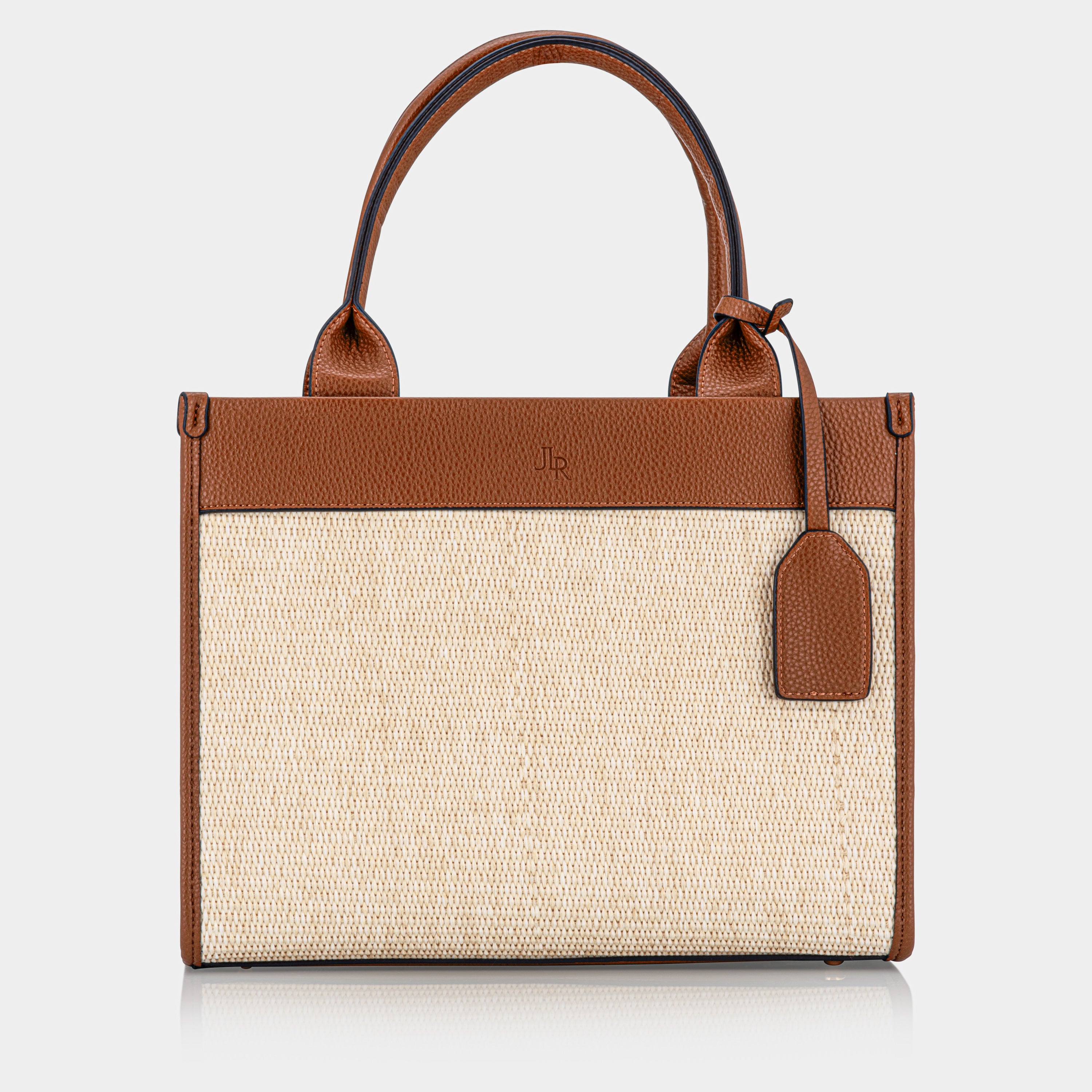 Capri Midi Tan luxe vegan leather and raffia tote bag