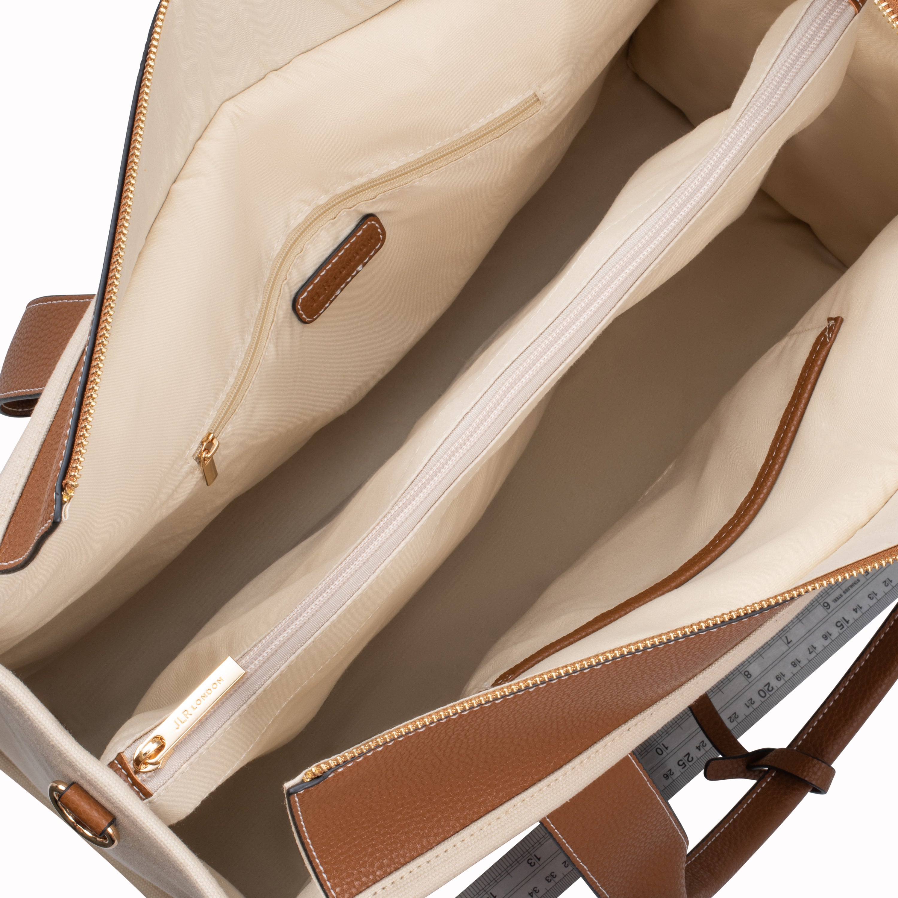 Porto Midi Tan luxe vegan leather and canvas tote bag